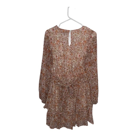 Japna Floral Long Sleeve Sheer Ruffle Layered Mini Dress with Waist Tie Size L - Picture 2 of 7